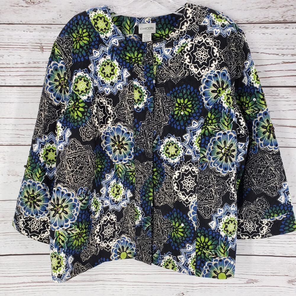 Chico's Multicolor Floral Beaded Sequin Snap Front Blazer Jacket Size 3